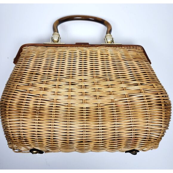 Vintage Simon Wicker Basket Purse Pocketbook Lucite Handle Frame 50's 60's Retro - Picture 2 of 9